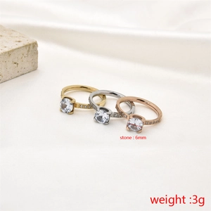 Detailed view of 6mm zircon stainless steel rings in gold, silver, and rose gold finishes