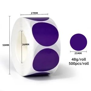 Detailed dimensions of 25mm purple round adhesive labels on a 500-sticker roll