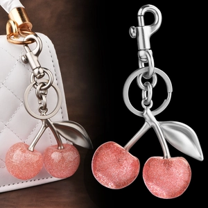 Fashion Cherry Fruit Keychain Resin Glitter Bag Charm Pendant Alloy Leaf Accessories For Handbag