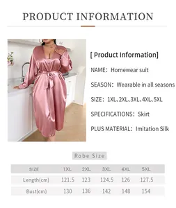 Detailed size chart for women's plus size satin robe with length and bust measurements