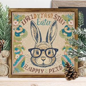 Easter bunny wooden frame tabletop decor featuring retro rabbit art with floral patterns