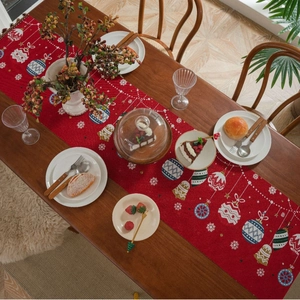 Christmas Table Runner Jacquard Polyester Fabric Xmas Holiday Decor For Dining Table With Tassels Santa Snowflakes Pattern