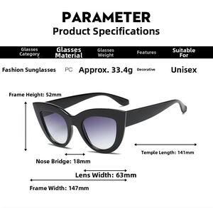 Detailed sizing chart and specifications for vintage cat eye sunglasses with purple lenses