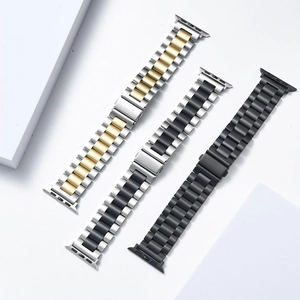 Three-link stainless steel watch bands for Apple Watch in gold, black, and silver