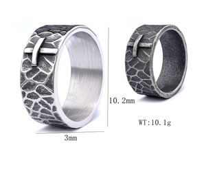 Detail view of vintage silver cross ring showing width 10.2mm and 3mm thickness specs