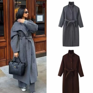 Cappotto Lungo In Lana Da Donna Collo Alto Tinta Unita Con Cintura Monopetto Elegante Cappotto Invernale Giacca Moda Casual