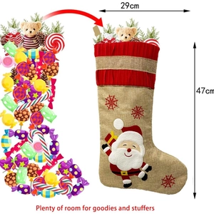 Embroidered burlap Christmas stocking with Santa applique and 47cm large capacity storage