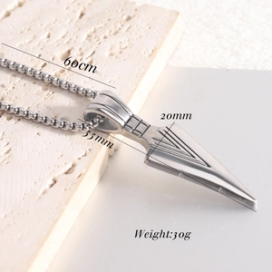 Detailed view of stainless steel arrowhead pendant with chain length and size specs