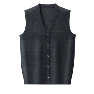 Men's dark gray V-neck knitted vest with buttons and front pockets in a slim fit style