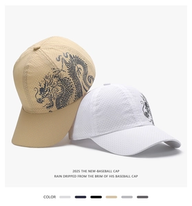 Detail of breathable mesh fabric and intricate dragon print on the side of baseball cap
