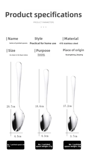 Size chart showing dimensions for small to large 410 stainless steel pointed spoons