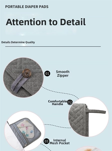 Detail view of portable diaper pad showing smooth zipper, handle, and inner mesh pocket