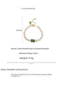 Detail of real gold plated bracelet featuring freshwater pearls and green jade stones