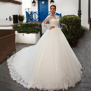 Elegant White Lace Wedding Dress Long Sleeve Illusion Neckline Ball Gown Bridal Gown With Embroidery Long Train