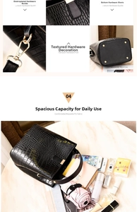 Detail of black crocodile texture bag with gold hardware and spacious interior storage