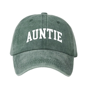 Vintage olive green washed cotton baseball cap with white arched AUNTIE embroidery
