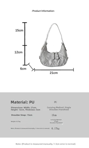Size chart for silver crescent PU leather bag with detailed dimensions and weight info