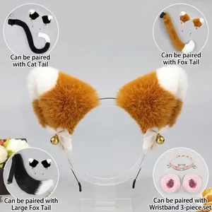 Handmade brown and white fox ear headband with bell bows and matching plush tail accessories