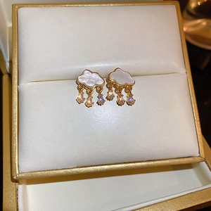Elegant mother of pearl cloud and zircon raindrop earrings with gold plating for women