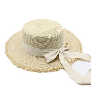 Women Summer Raffia Paper Straw Boater Hat Sun Protection Flat Top Frayed Edge Wide Brim Beach Vacation Elegant Bowknot Ribbon
