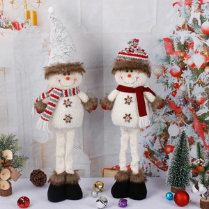 Christmas Snowman Plush Doll Ornament Knitted Fabric Sitting On Wood Sled Standing Holiday Home Window Table Decor