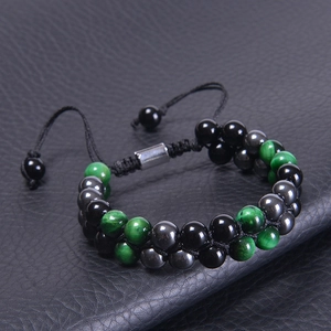Handmade double-layer bracelet with green tiger eye, black agate, and hematite beads