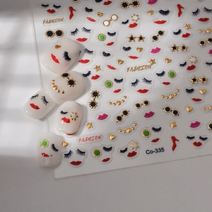 Valentine's Day nail stickers featuring red heels, lips, and gold fashion lettering