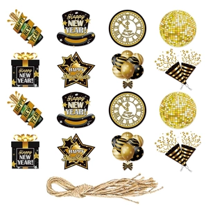 Black and gold Happy New Year party decoration set with champagne and star cutouts