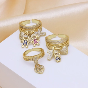 Luxury Copper Zirconia Open Ring For Women Adjustable Cross Heart Boy Girl Charm Gold Plated Fashion Jewelry Finger Ring