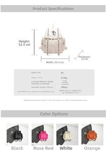 Detailed size guide and technical specifications for the punk style studded backpack