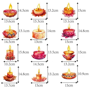 Diwali party wall stickers set with 12 colorful Diya and lotus patterns in various sizes