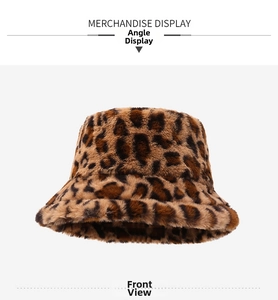 Front view of leopard print plush bucket hat made of soft artificial faux fur fabric