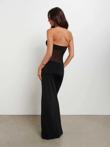 Elegant black strapless maxi dress with sexy mesh splice and sheer cutout detail for women