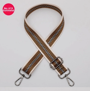 Close-up of gunmetal hardware on yellow and black woven adjustable shoulder strap