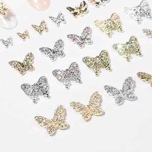 Mini 3D metal butterfly nail charms with rhinestones for DIY manicure decoration
