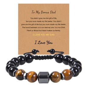 Detailed view of tiger eye bead bracelet with emotional To My Bonus Dad gift card message