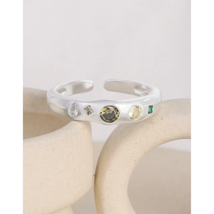 Minimalist S925 sterling silver open ring with colorful inlaid zircon gemstones