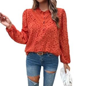 Women's orange embroidered hollow-out blouse with ruffle neck and bubble sleeves