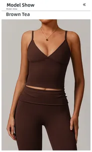 Detail of dark cocoa recycled yoga set with slim-fit V-neck tank and high waist leggings