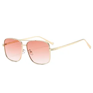 Vintage square pilot sunglasses with gold metal double bridge and pink gradient lenses