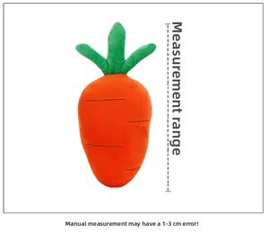 Detailed size measurement of orange carrot plush toy with green leaves on white background