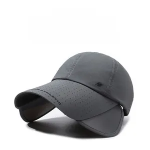 Macro view of grey athletic cap with breathable fabric and retractable sunshade wings