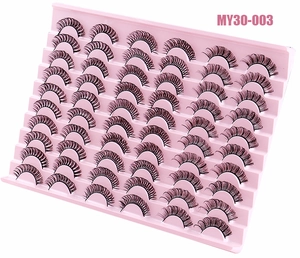 Detailed view of model MY30-003 thick synthetic false eyelashes on a pink display rack