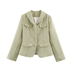 Women Tweed Blazer Jacket Long Sleeve Lapel Collar Artificial Pearl Buttons Elegant Vintage Style Outerwear