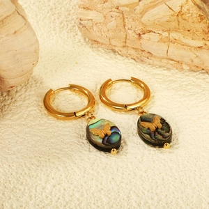 Gold hoop earrings with abalone shell oval pendant and butterfly on a stone base