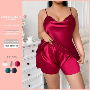 Plus Size Women Pajamas Satin Imitation Satin Cami Top And Shorts Sleepwear Loungewear V Neck Sleeveless Summer