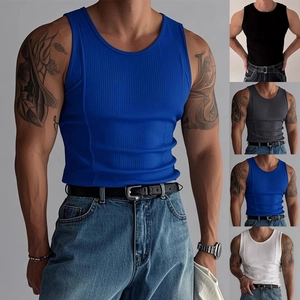 Débardeur Homme Tricot Côtelé Coupe Ajustée Col Rond Respirant Fitness Sport Gym Décontracté Gilet Sans Manches