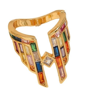 Golden feather ring for women featuring vibrant colorful zircon gemstones on a white background