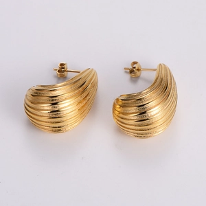 Golden stainless steel teardrop earrings with elegant horizontal textured lines