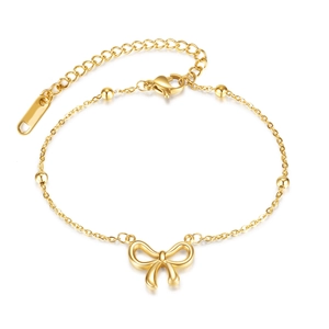 Elegant gold titanium steel bow bracelet with delicate beads and adjustable lobster clasp